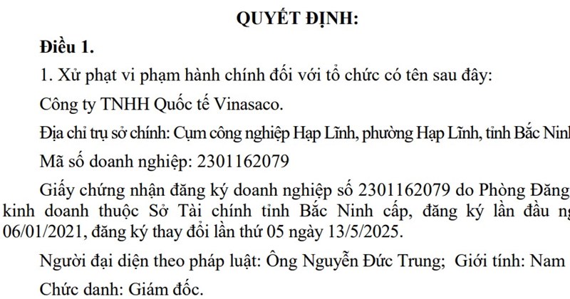 Bắc Ninh: Phạt Công ty Vinasaco 190 triệu đồng