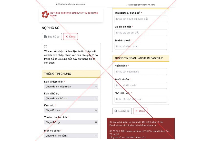 Website giả mạo dịch vụ công thu thập thông tin nhà đất của người dân. Ảnh: Công an Hà Nội
