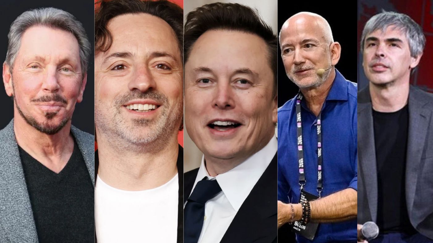 Portraits of the 5 richest billionaires in the world (from left to right: Larry Ellison, Larry Page, Elon Musk, Jeff Bezos and Sergey Brin), according to Forbes updated on May 6, 2026. Graphics: Minh Huy