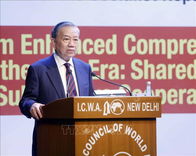 General Secretary and President To Lam delivers policy speech on the theme "Vietnam - India Comprehensive Strategic Partnership Strengthening in the New Era: Sharing Vision, Strategic Convergence, Substantive Cooperation". Photo: VNA