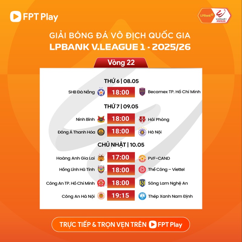 Lịch thi đấu vòng 22 V.League. Ảnh: FPT Play