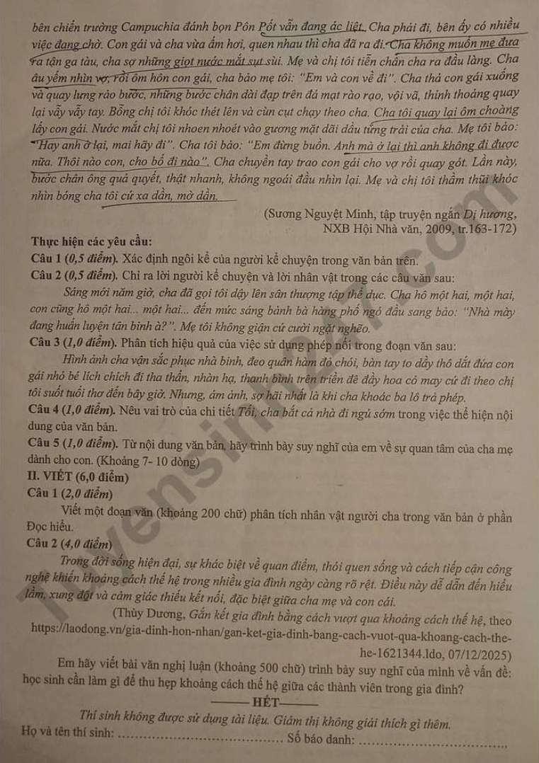 Đề thi khảo sát chất lượng học sinh lớp 9 năm 2026 môn Ngữ Văn - Sở GDĐT Phú Thọ. Ảnh: Tuyensinh247