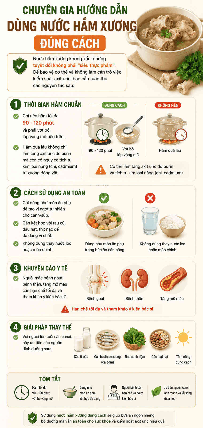 Infographic: Hướng dẫn nấu và sử dụng nước hầm xương đúng cách để giảm thiểu nguy cơ tăng axit uric. Đồ họa: Trà My