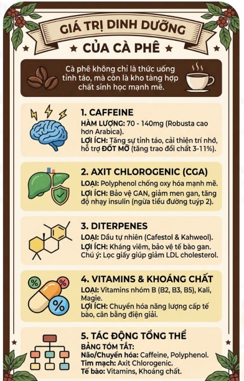 Infographic giá trị dinh dưỡng của cafe và tác động đến axit uric. Đồ họa: Trà My