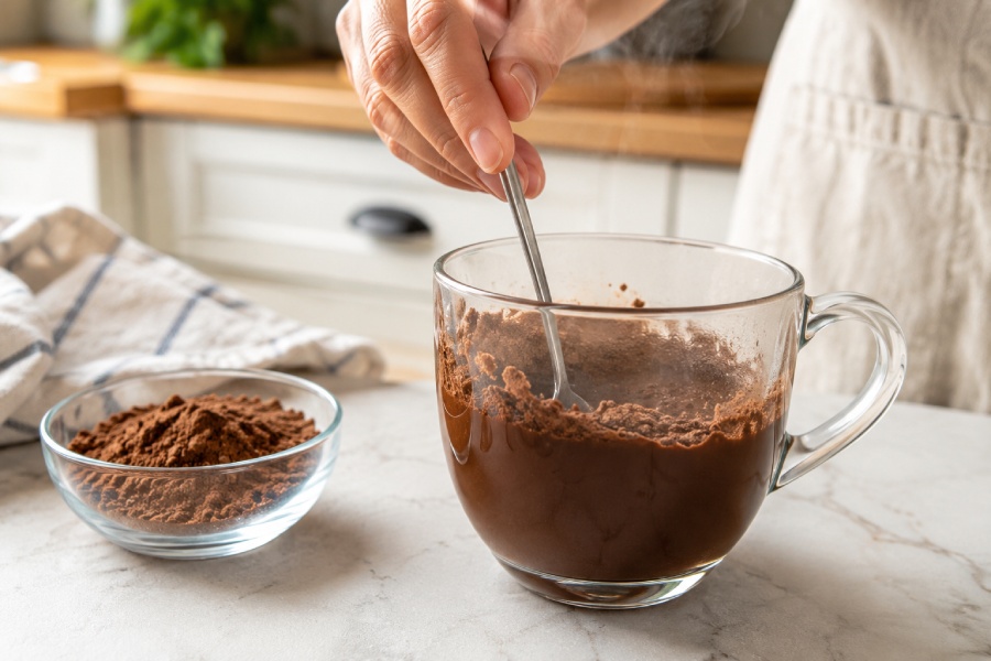 Bột cacao được hòa tan cùng nước nóng để tạo hỗn hợp mịn và thơm. Ảnh: Thùy Linh 