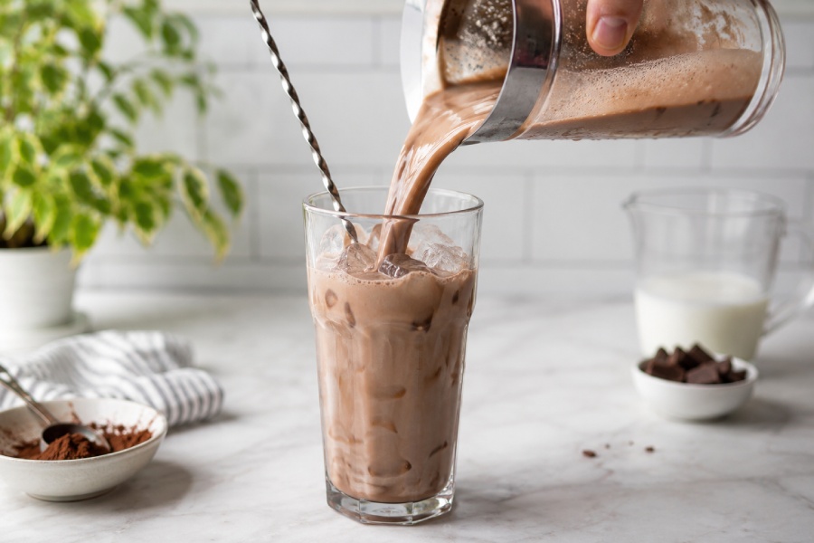 Hỗn hợp cacao sữa được thêm đá viên để làm lạnh nhanh. Ảnh: Thùy Linh