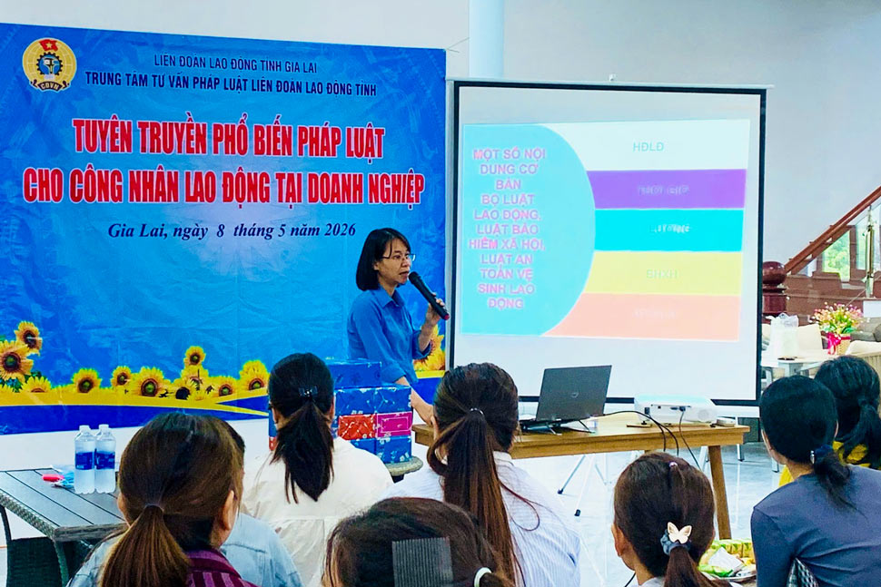 Ms. Le Thi Ngoc Oanh - Deputy Director in charge of the Legal Consulting Center of the Gia Lai Provincial Labor Federation - propagates legal regulations to workers at Sinh Thanh VN Co., Ltd. Photo: Huy Trang