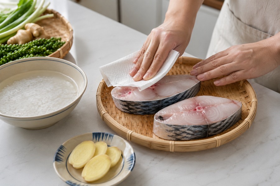 Cá thu được làm sạch, thấm khô và chuẩn bị ướp cùng gia vị. Ảnh: Thùy Linh 