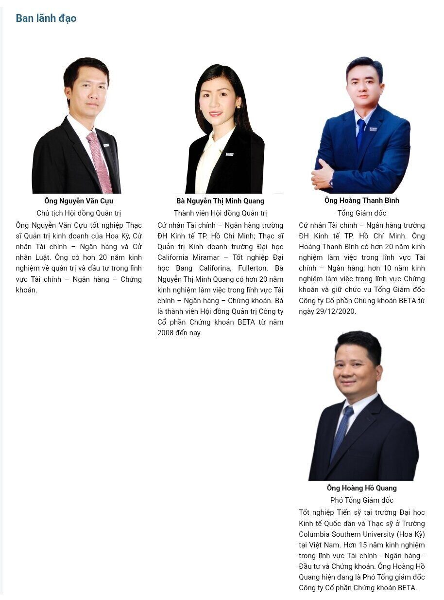 Ban lãnh đạo Chứng khoán Beta dày dặn kinh nghiệm trong lĩnh vực tài chính. 
