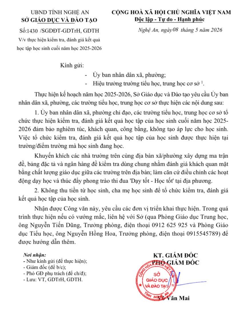 Sở Giáo dục và Đào tạo Nghệ An ban hành văn bản chỉ đạo công tác kiểm tra, đánh giá học sinh cuối năm học 2025-2026. Ảnh: Ngọc Anh 