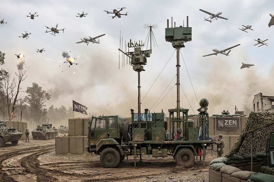 Indian unmanned aerial vehicle defense system on a tactical military truck. Graphics: Cat Tien