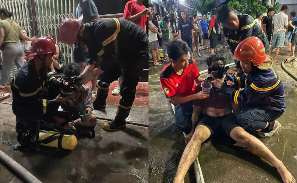 Fire and Rescue Police of Gia Lai Provincial Police promptly rescued 2 people trapped in a burning house. Police photo