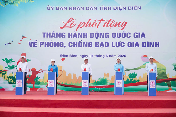 Delegates perform the ceremony of pressing the button to launch the National Action Month on preventing and combating domestic violence. Photo: Quang Dat