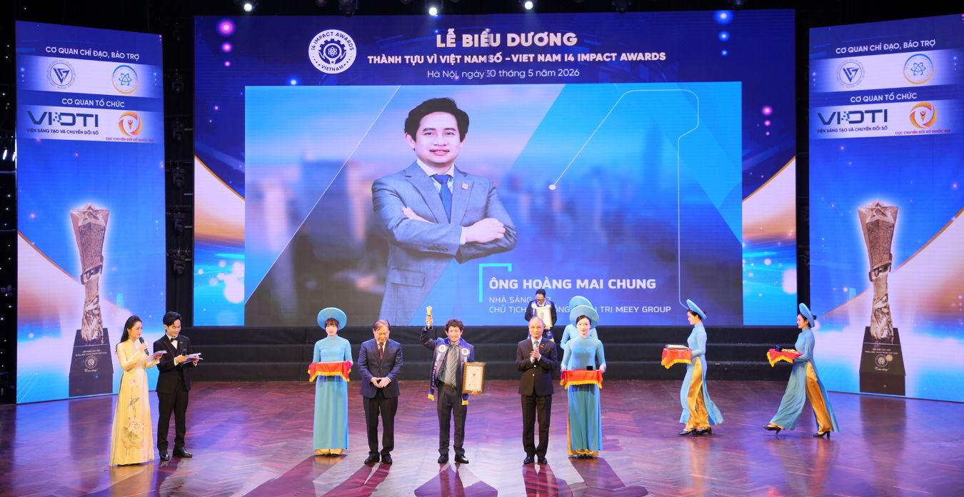 Ông Hoàng Mai Chung được vinh danh là “Lãnh đạo Sáng tạo và Chuyển đổi số” tại Việt Nam I4 Impact Awards 2026. Ảnh: Meey Group