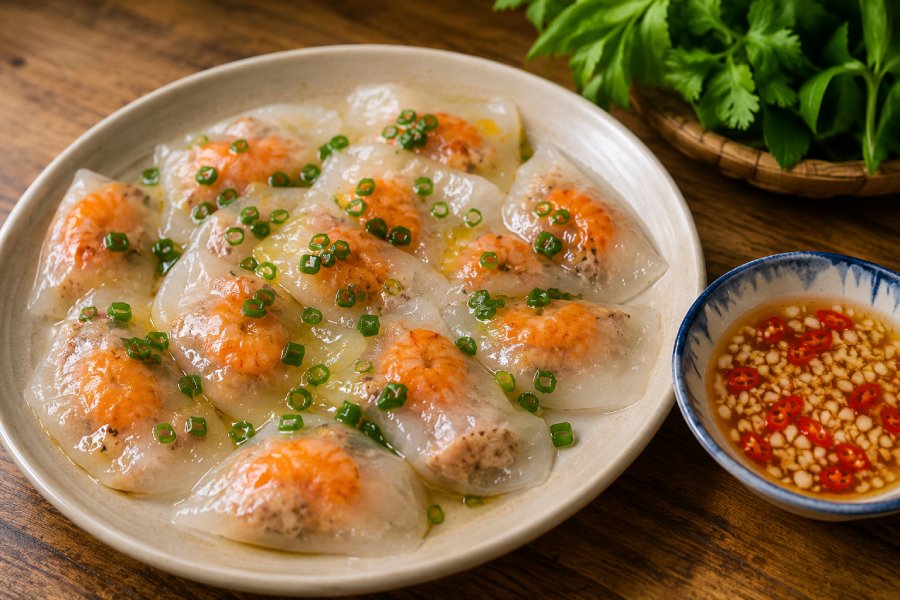 Bánh bột lọc trần hoàn thiện với hành phi và nước mắm chua ngọt ăn kèm. Ảnh: Thùy Linh