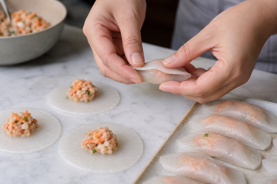 Bánh bột lọc được luộc đến khi lớp vỏ chuyển trong đẹp mắt. Ảnh: Thùy Linh