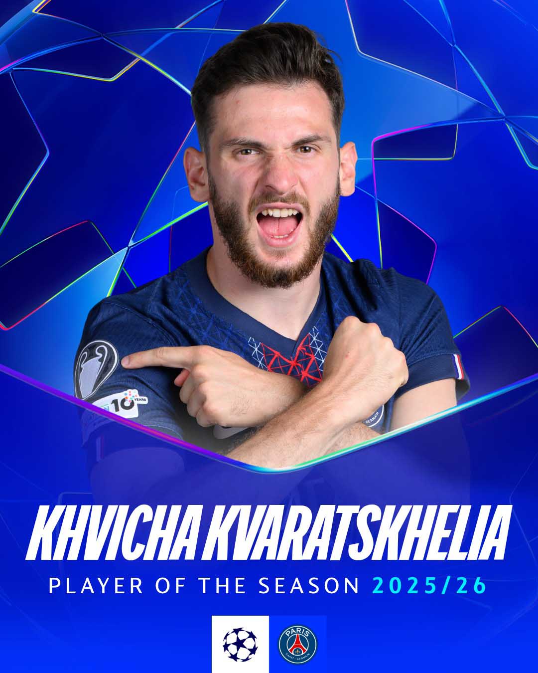 Kvicha Kvaratskhelia được vinh danh là MVP mùa giải Champions League vừa rồi. Ảnh: UEFA