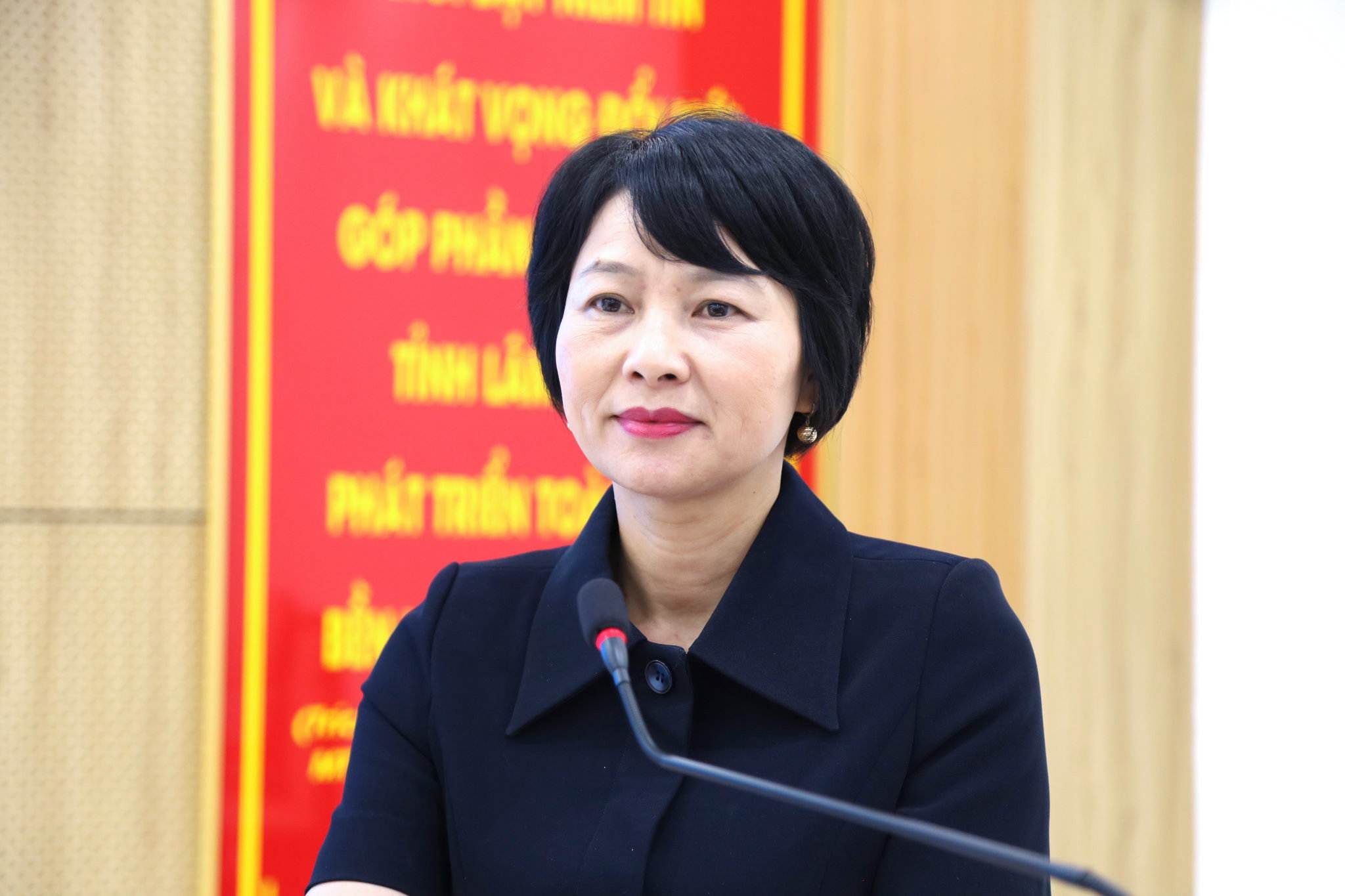 Bà Phạm Thị Phúc, Phó Bí thư Tỉnh ủy, Chủ tịch Ủy ban MTTQ Việt Nam tỉnh Lâm Đồng, phát biểu tại buổi gặp mặt. Ảnh: Linh Thư