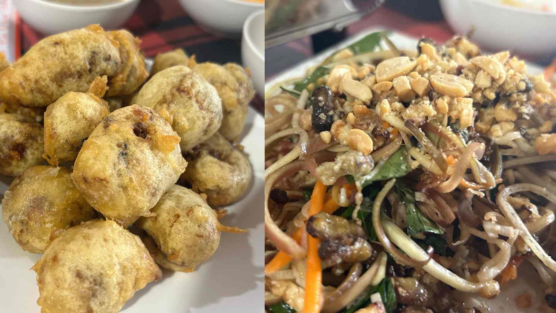 Món ong non chiên và gỏi nhộng ong tại U Minh Hạ. Ảnh: Lương Hạnh