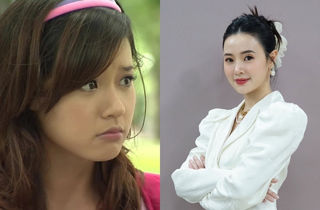 Midu trong phim “Những thiên thần áo trắng“ (trái) và bây giờ (phải). Ảnh: Nhà sản xuất BHD 