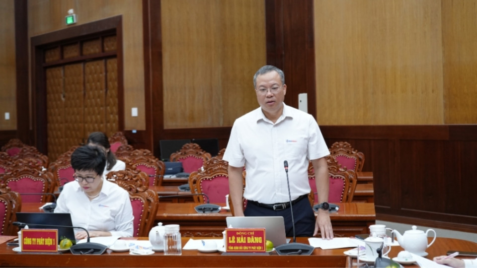 Đại diện Tổng Công ty Phát điện 1 báo cáo tình hình sản xuất, kinh doanh và kiến nghị tại buổi làm việc với lãnh đạo tỉnh Vĩnh Long. Ảnh: Hoàng Lộc