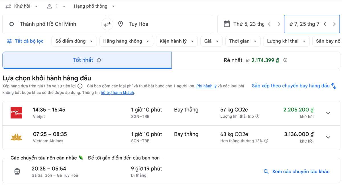 Giá vé máy bay TPHCM - Tuy Hòa rẻ nhất thị trường nội địa mùa hè năm nay. Ảnh: Google Flight