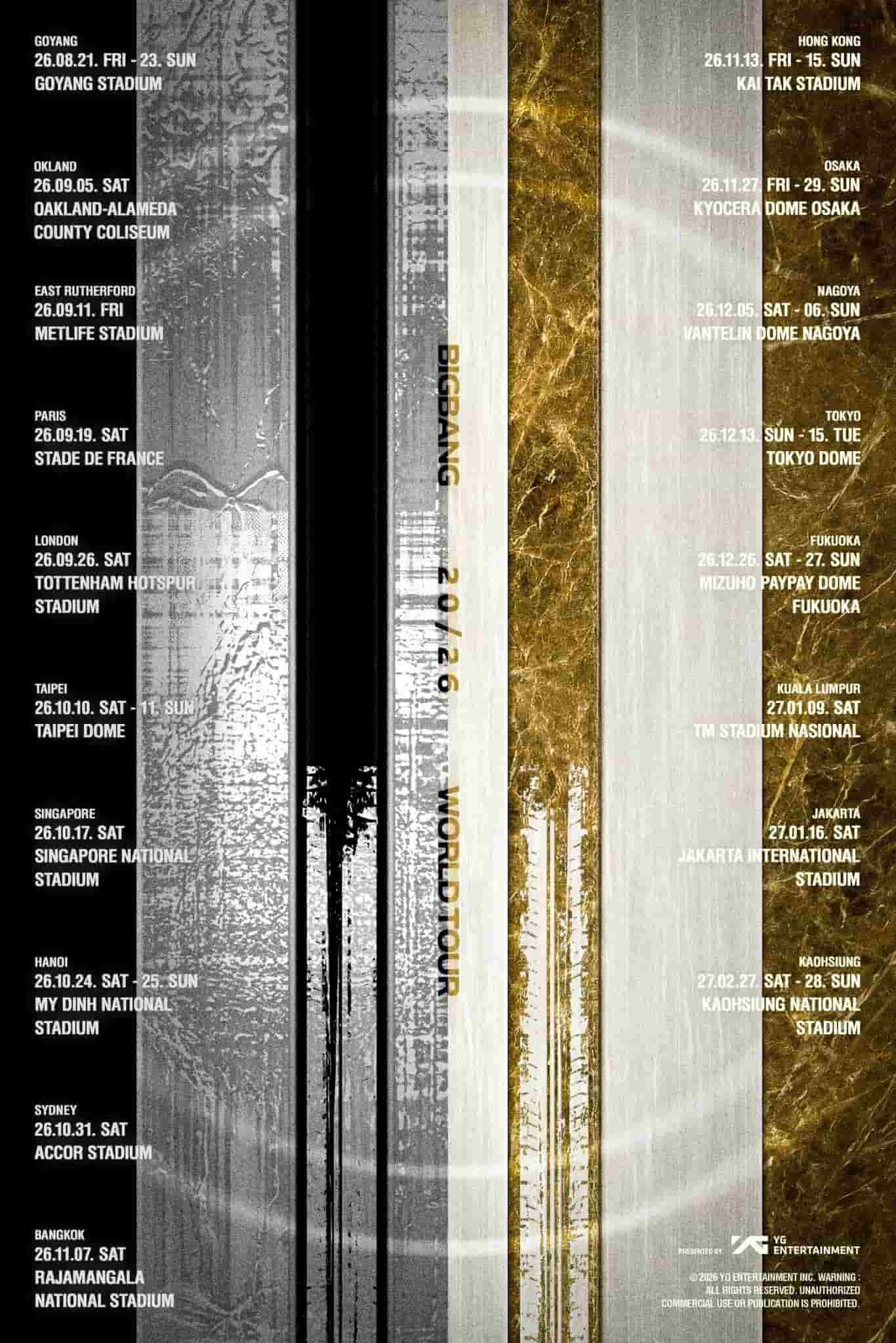 Lịch trình lưu diễn của Big Bang trong năm 2026. Ảnh YG Entertainment.