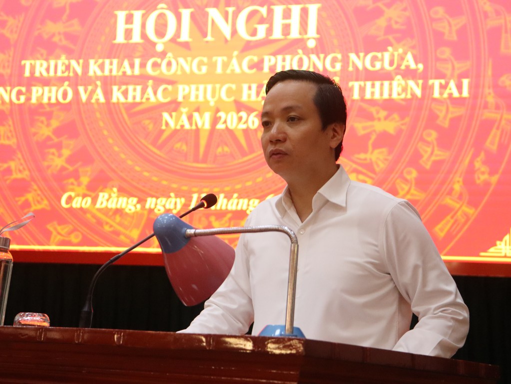 Chủ tịch UBND tỉnh Cao Bằng Lê Hải Hòa phát biểu kết luận hội nghị. Ảnh: Nông Hậu
