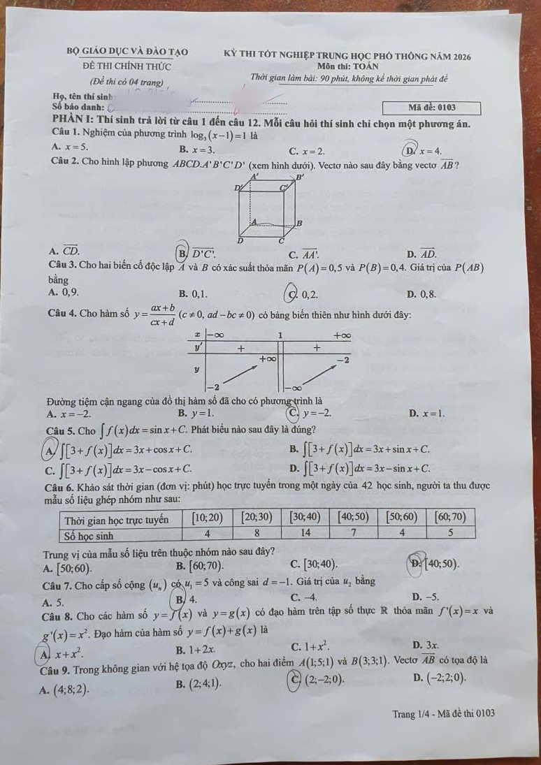 Trang 1 đề thi Toán THPT năm 2026 mã 0103