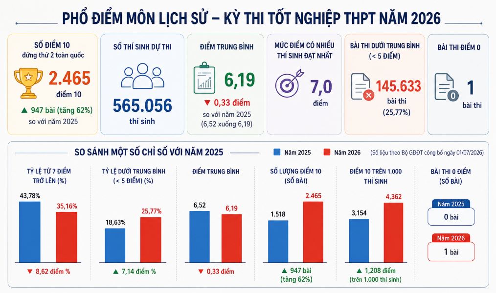 Môn Lịch sử năm 2026 ghi nhận điểm trung bình giảm, tỷ lệ bài dưới trung bình tăng, nhưng số điểm 10 lại tăng mạnh so với năm 2025. Đồ họa: Anh Đức