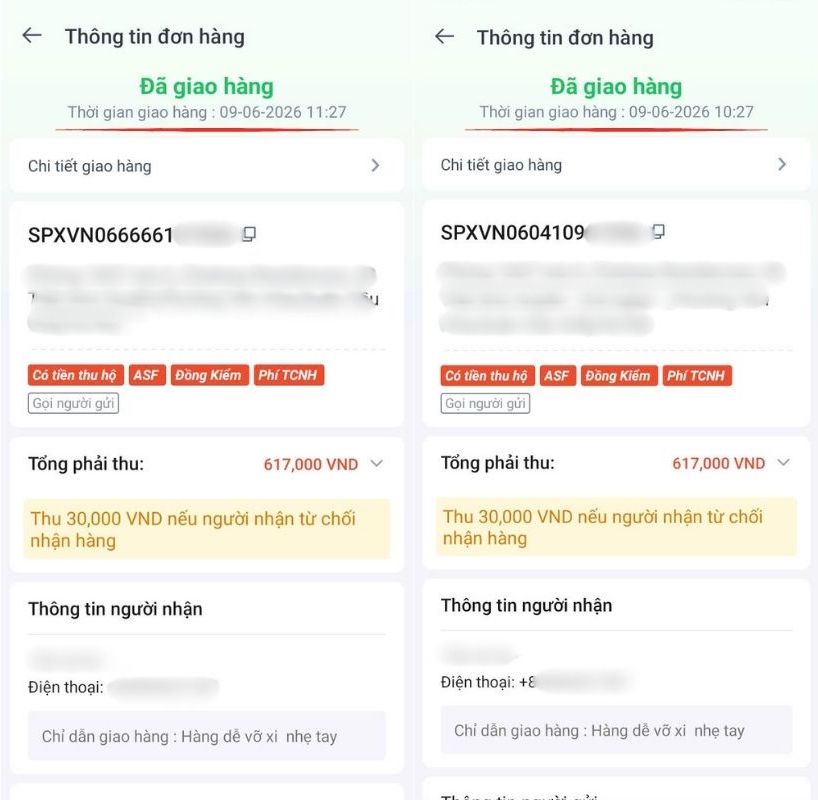 Đơn hàng được giao đến trong 2 khoảng thời gian khác nhau, ngày 9.6. Ảnh: Nhân vật cung cấp