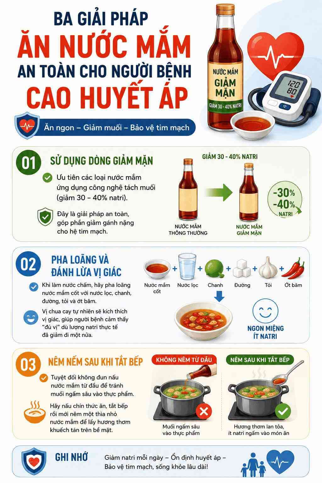 Infographic: Chi tiết 3 giải pháp ăn nước mắm an toàn, hỗ trợ cắt giảm natri cho người bệnh cao huyết áp. Đồ họa: Trà My
