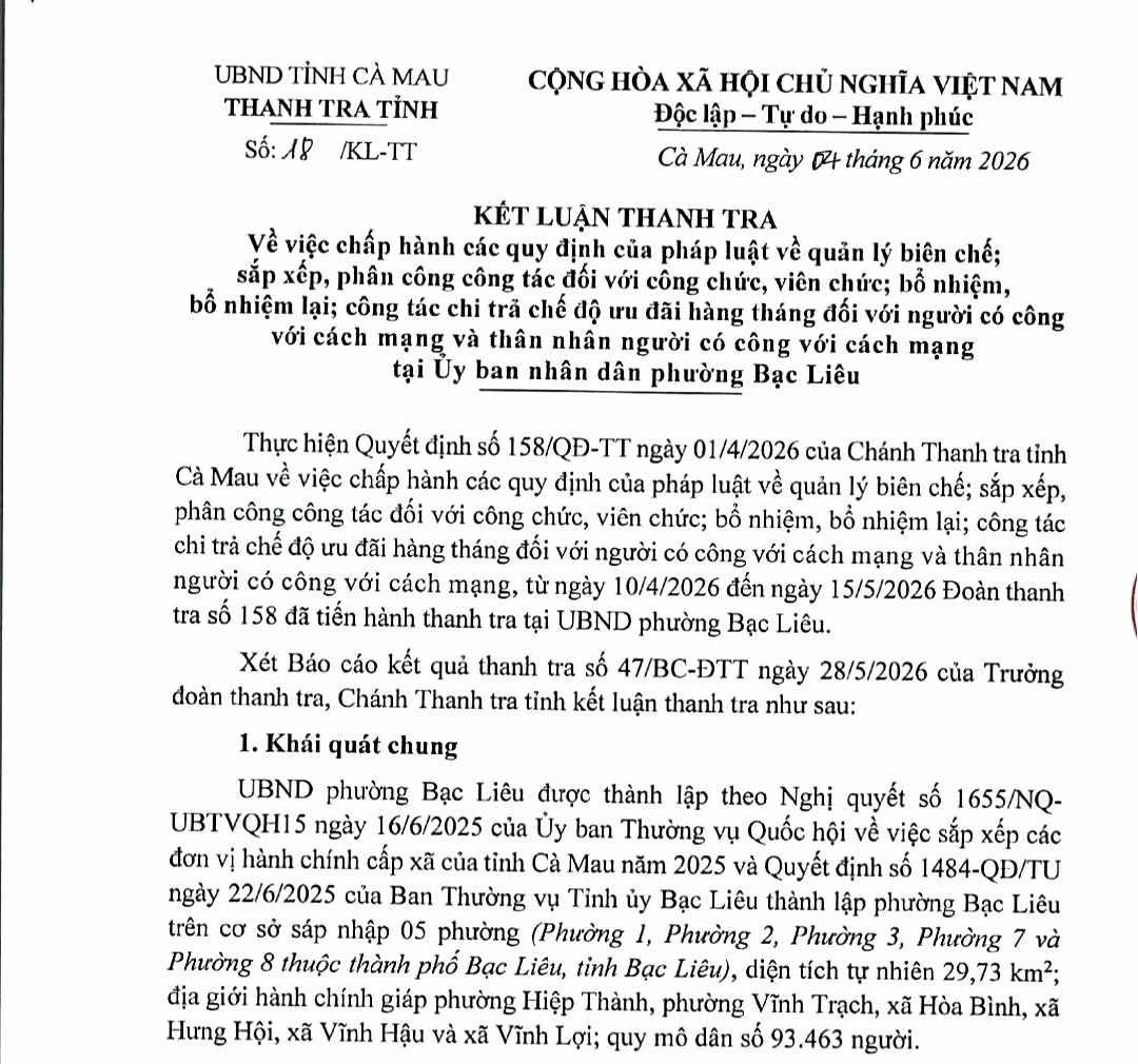 Thanh tra tỉnh Cà Mau kết luận phường Bạc Liêu có nhiều thiếu sót trong bố trí cán bộ. Ảnh: Nhật Hồ.