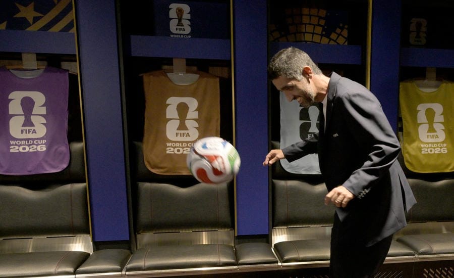 FIFA World Cup 2026 venue CEO Luiz Andre Mello plays with Trionda's official match ball. Photo: AFP