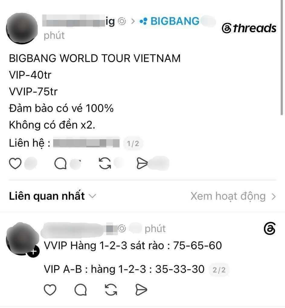 Big Bang chưa mở bán vé concert, trên mạng xã hội đã bắt đầu đăng bán vé với mức giá đắt đỏ. Ảnh: Cắt từ Thread