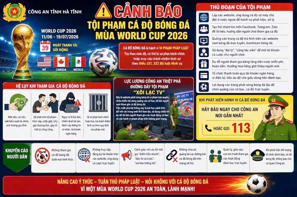 Nội dung khuyến cáo cảnh giác với chiêu trò dụ dỗ cá độ bóng đá mùa World Cup 2026. Ảnh: Công an Hà Tĩnh