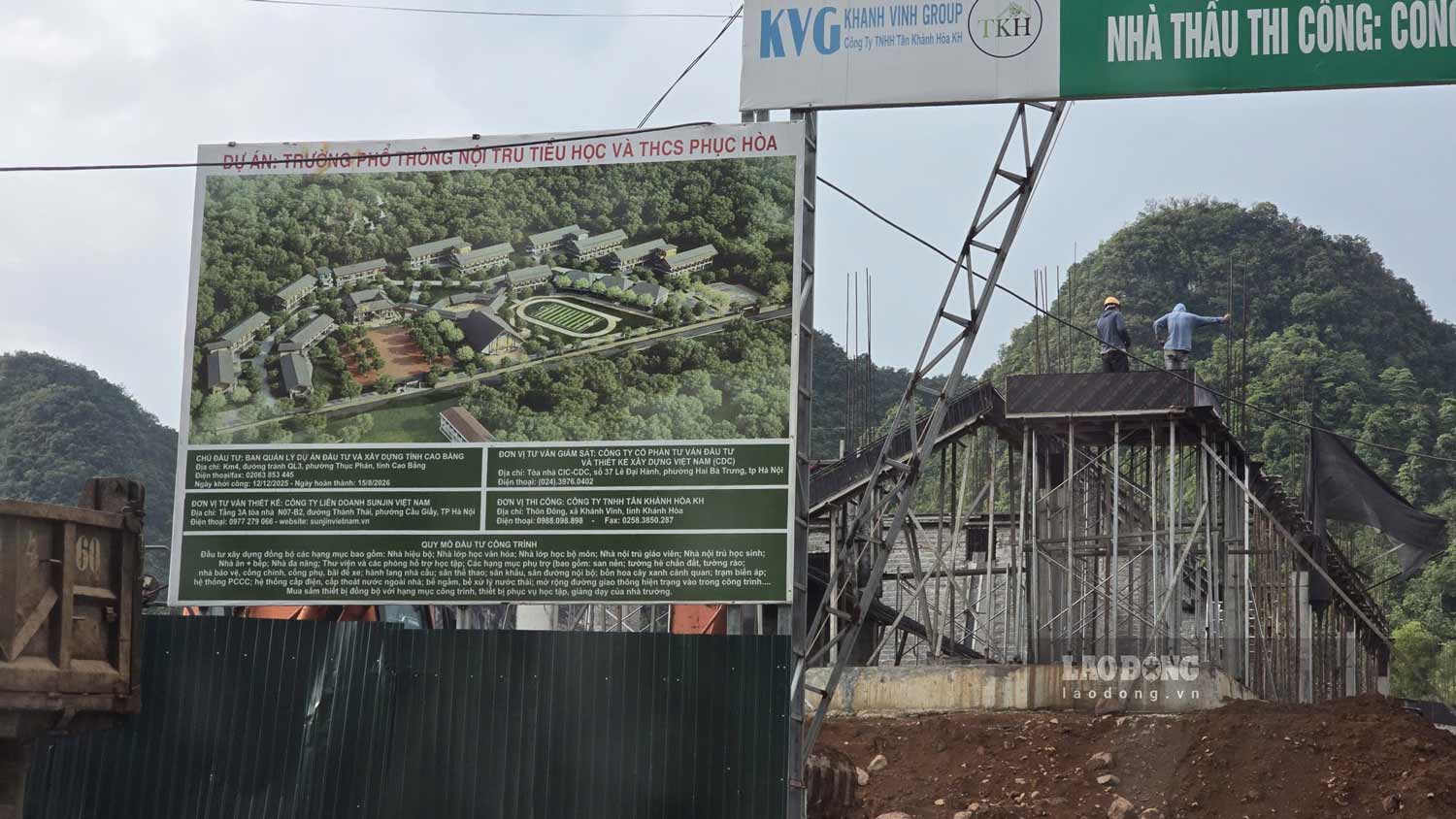 Trường nội trú liên cấp Phục Hòa được xây dựng bằng nguồn kinh phí hỗ trợ từ TP Hà Nội hiện có tiến độ thi công chậm nhất, đến tháng 6.2026 dự án đạt 17%. Ảnh: Trọng Lộc