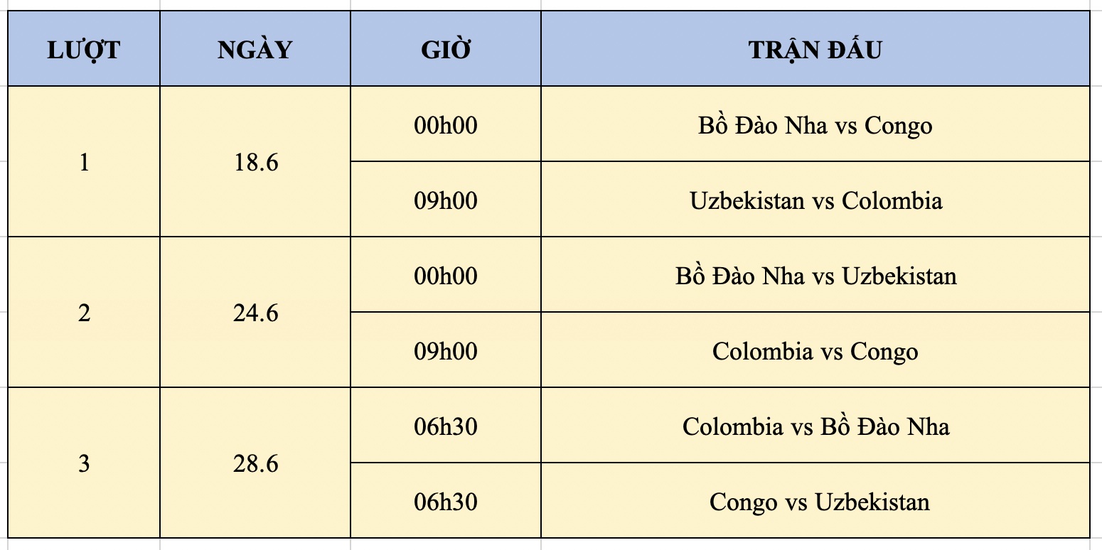 Lịch thi đấu bảng K World Cup 2026.