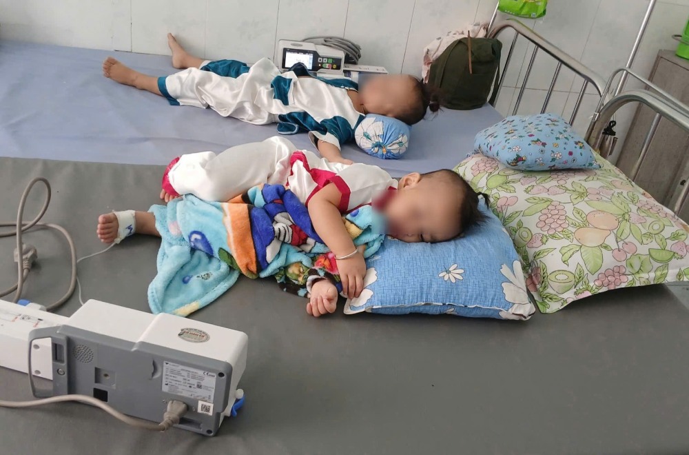 Bé Bùi Nguyễn Gia Pháp (sinh năm 2023, áo xanh) và Bùi Nguyễn Gia Khang (sinh năm 2024, áo đỏ) ngay từ khi chào đời đã gặp khó khăn về hô hấp, phải thở oxy hỗ trợ và hiện cũng mắc hen suyễn. Ảnh: Gia đình cung cấp