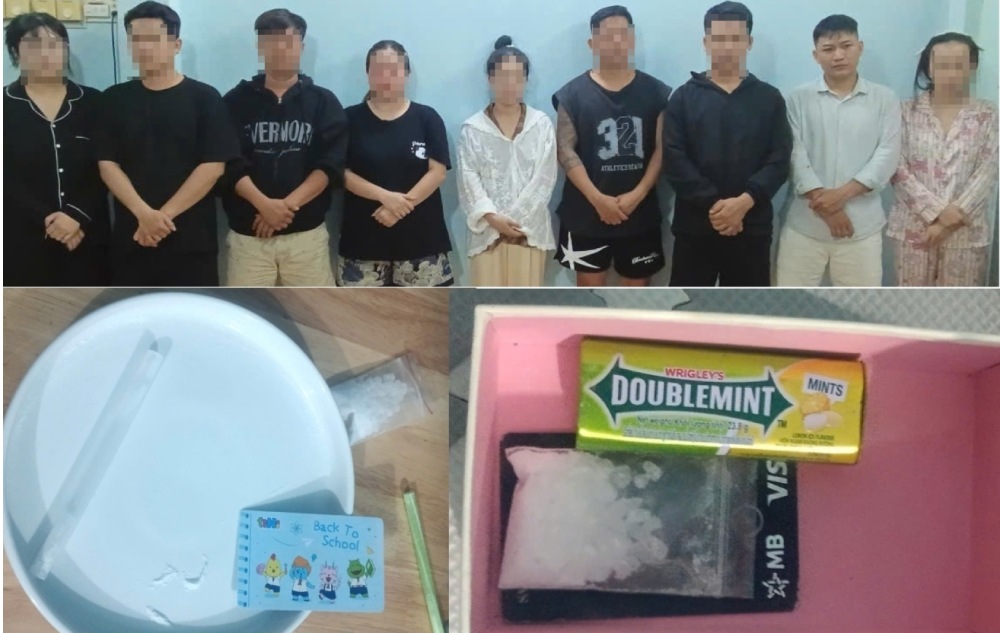9 đối tượng bị bắt quả tang đang tổ chức sử dụng trái phép chất ma túy. Ảnh: CACC