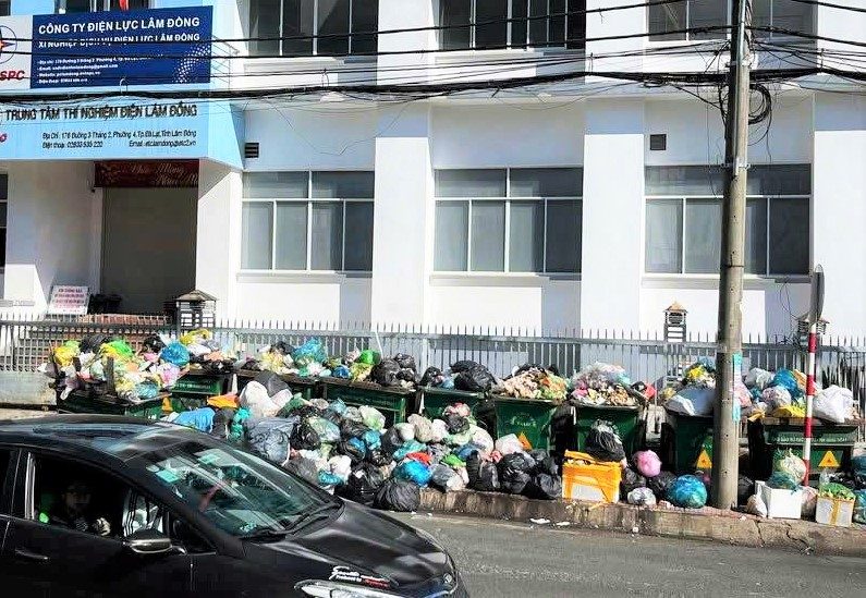Rác thải chất đống, bủa vây trước cổng trụ sở Điện lực Lâm Đồng (phường Lâm Viên - Đà Lạt). Ảnh: Phúc Khánh 