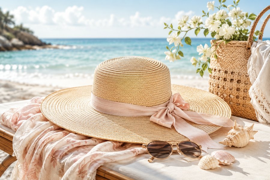 Wide-brimmed hats are an indispensable accessory when going to the beach. Photo created by AI