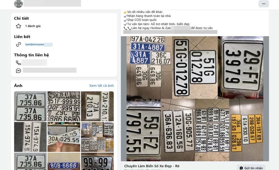 Một tài khoản ẩn danh trên mạng xã hội công khai nhận làm biển số xe giả từ biển vàng, biển trắng cho đến biển xanh. Ảnh: Nhóm phóng viên