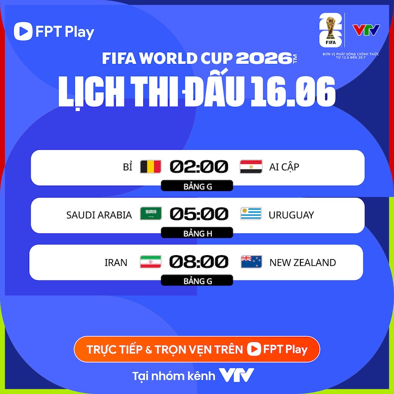 Lịch thi đấu World Cup 2026 ngày 16.6. Ảnh: FPT Play