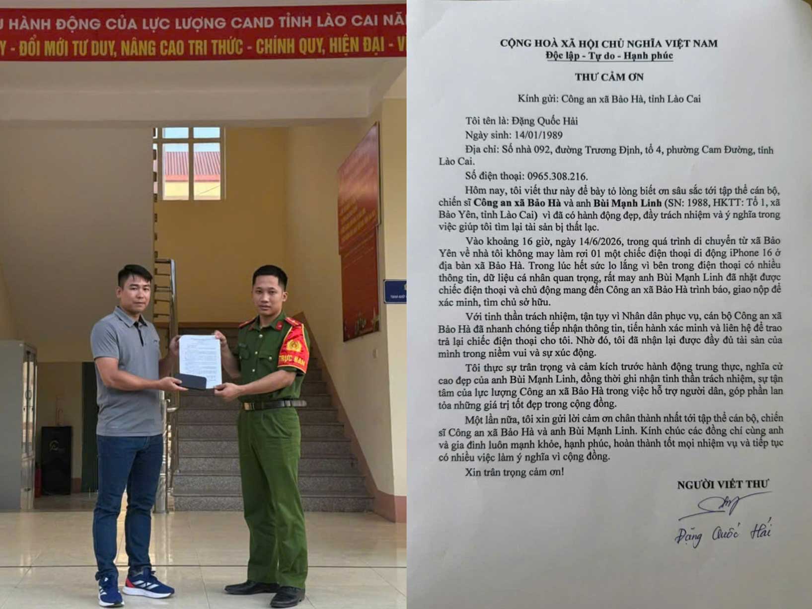 Anh Đặng Quốc Hải viết thư cảm ơn Công an xã Bảo Hà và anh Bùi Mạnh Linh. Ảnh: CA Lào Cai