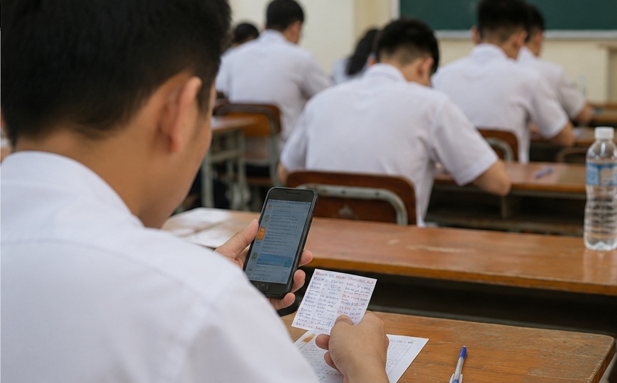 Công an vào cuộc xác minh thông tin trên mạng xã hội phản ánh về việc thí sinh dùng điện thoại, phao thi trong phòng thi. Đồ họa: Hữu Long