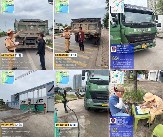 Đội CSGT đường bộ số 2 xử lý trường hợp vi phạm đảm bảo trật tự an toàn giao thông, vệ sinh môi trường. Ảnh: Công an Hải Phòng