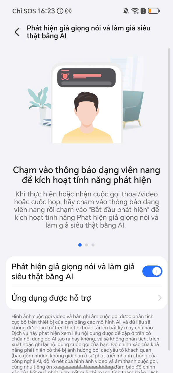 Tính năng AI hỗ trợ người dùng phát hiện lừa đảo Deepfake trên điện thoại Honor 600. Ảnh: Chụp màn hình