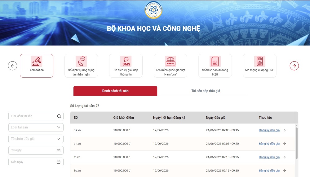 Danh sách đấu giá tên miền “.vn” đợt 2 năm 2026. Ảnh: VNNIC 