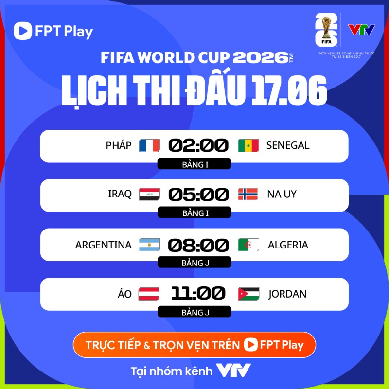 Lịch thi đấu World Cup 2026 ngày 17.6. Ảnh: FPT Play